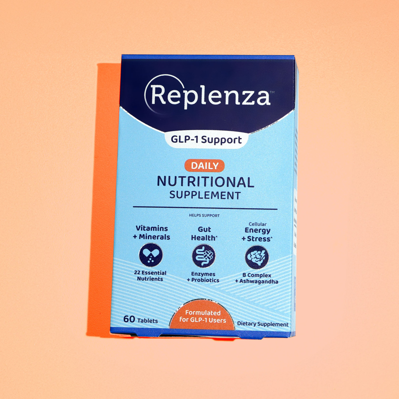 Replenza™ Nutritional Supplements with 22 essential vitamins & minerals for gut health, energy, and optimal nutrient absorption.
