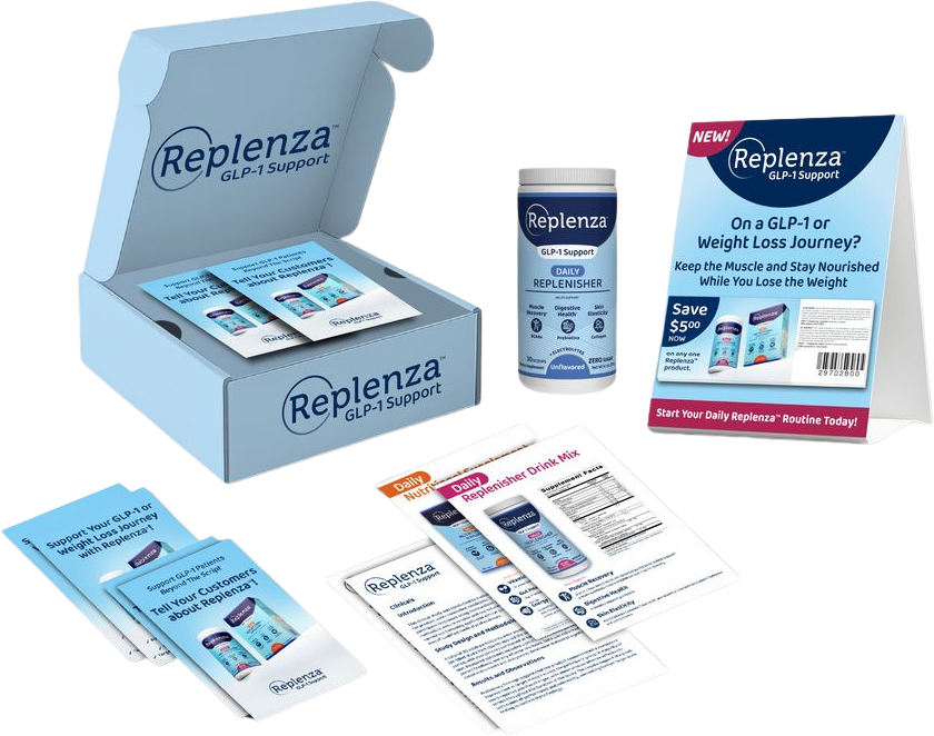 Replenza product set including a box, supplement container, and informational materials on a white background.